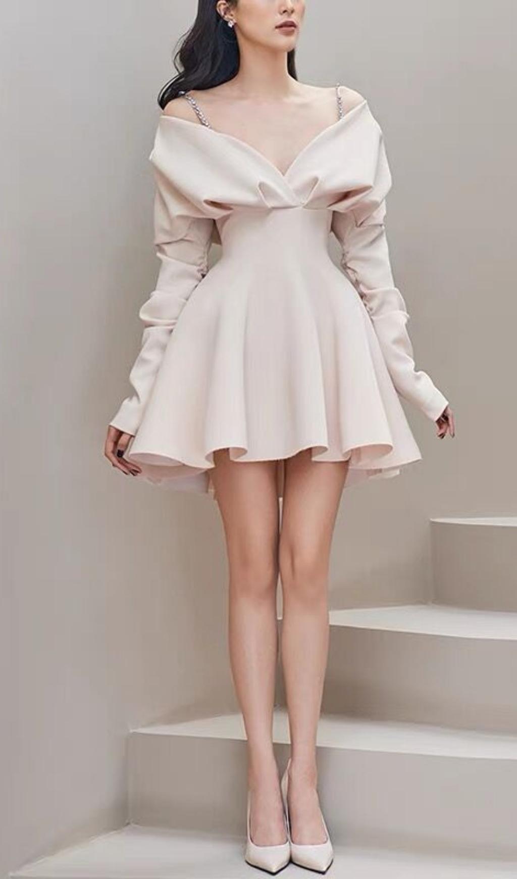 Fashionslee Women V-Neck Long-Sleeved A-Line Suspender Dress