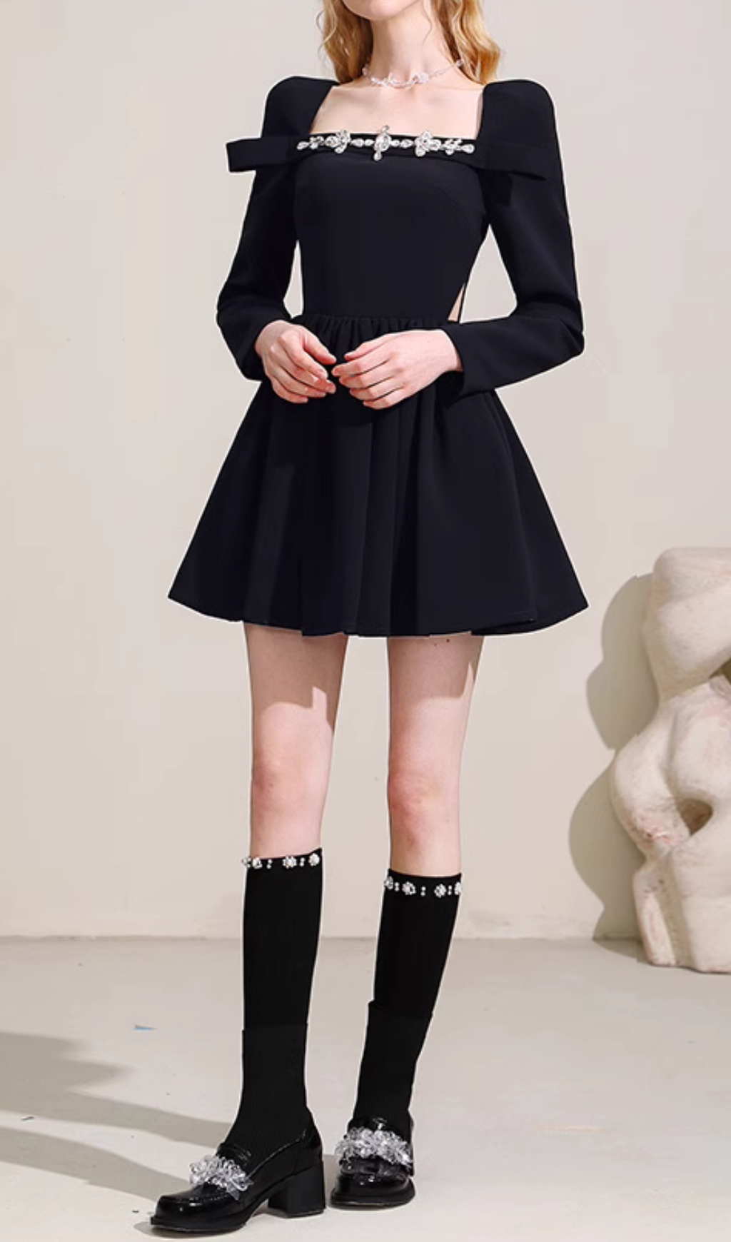 Fashionslee Women Cathal Black Long Sleeve Crystal Mini Dress