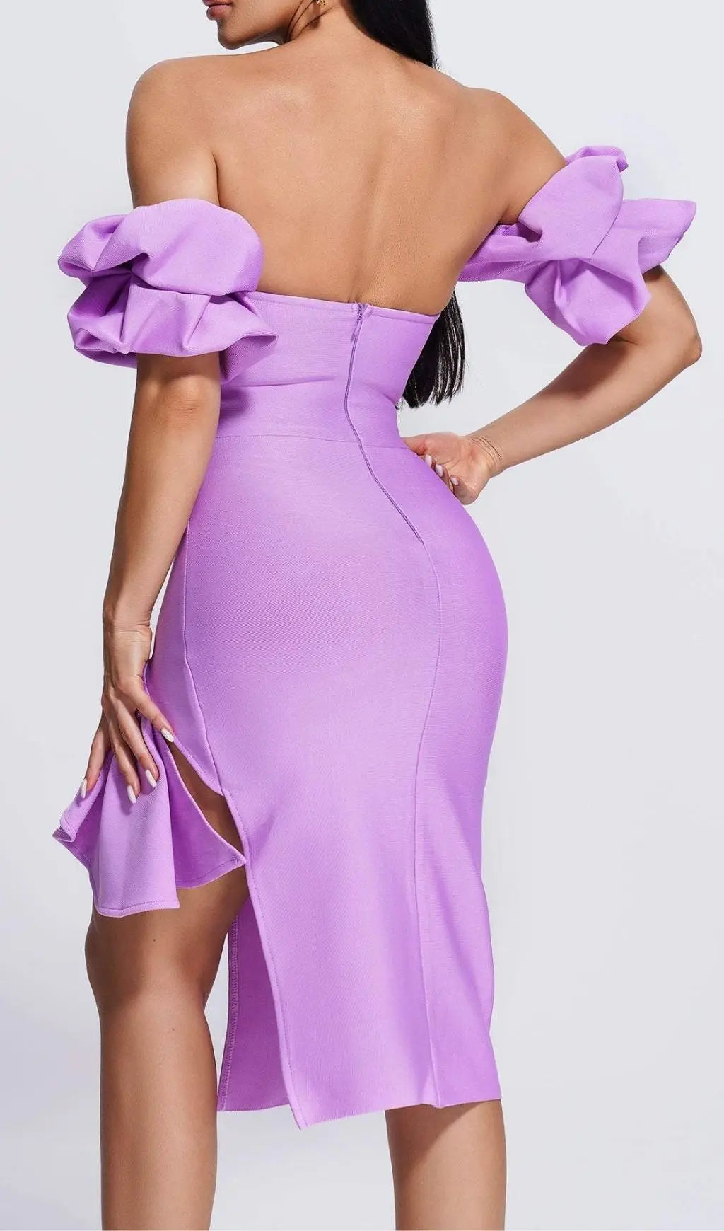 Fashionslee Women Strapless Draped Sleeve Slits Bandage Midi Dress