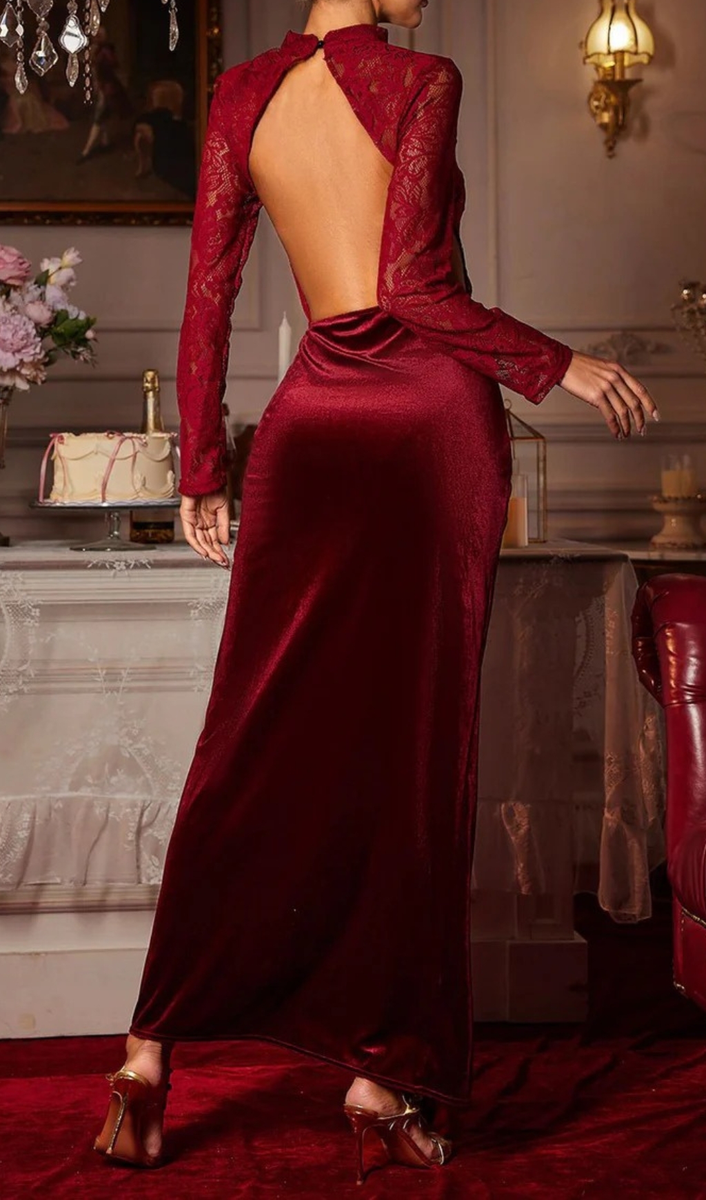 Fashionslee Women Eldrian Flower Ruched Split Lace Velvet Maxi Dress