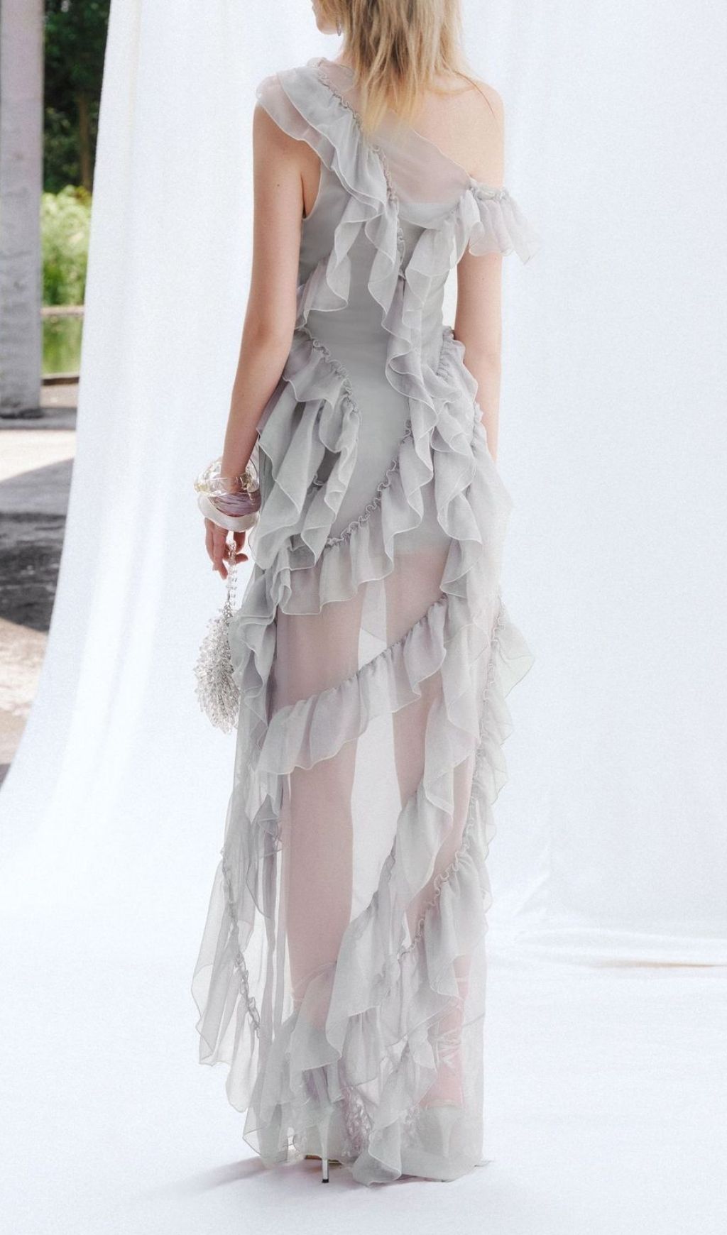 Fashionslee Women Klyara Grey Ruffle Mesh Maxi Dress