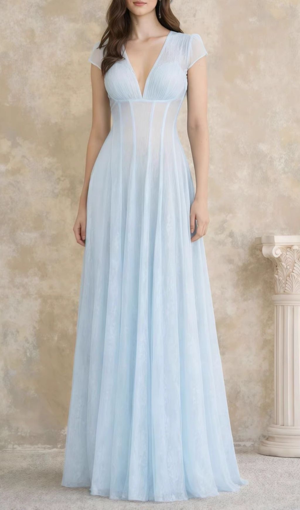 Fashionslee Women Kelsey Blue V-Neck Mesh Maxi Dress