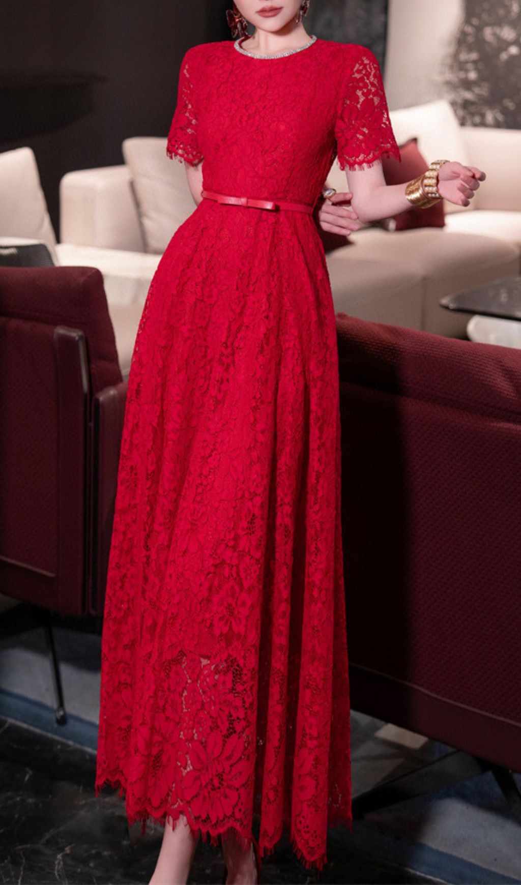 TRENDING RED LACE MIDI DRESS - OWNCI TRENDING RED LACE MIDI DRESS - OWNCI