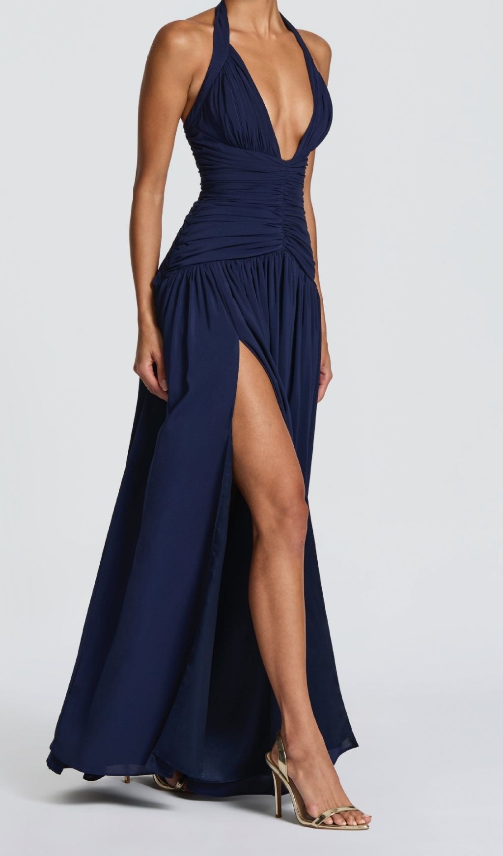 Fashionslee Women Kelley Navy Halter Ruched Maxi Dress