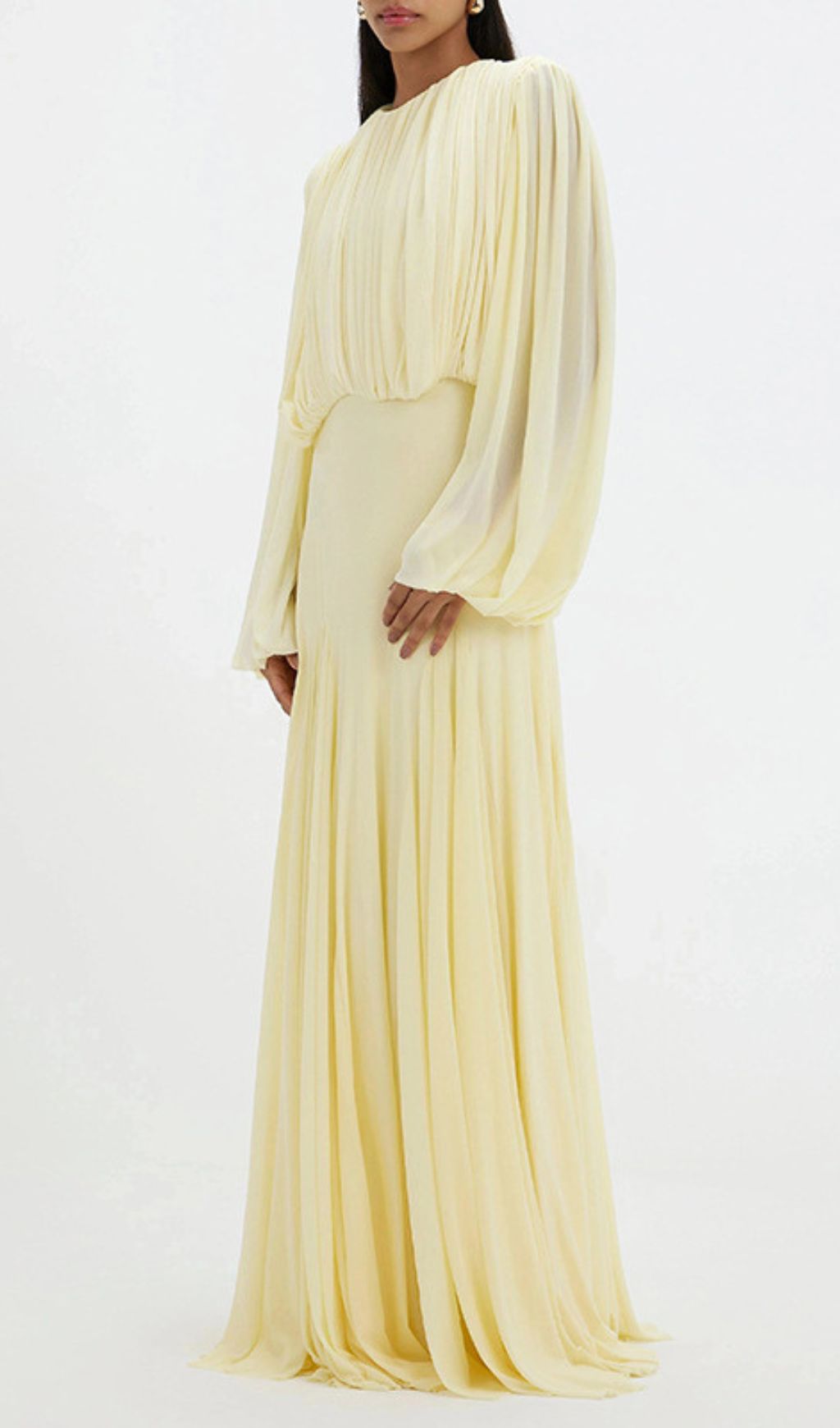 Fashionslee Women Jimena Yellow Pleated Long Sleeve Maxi Dress