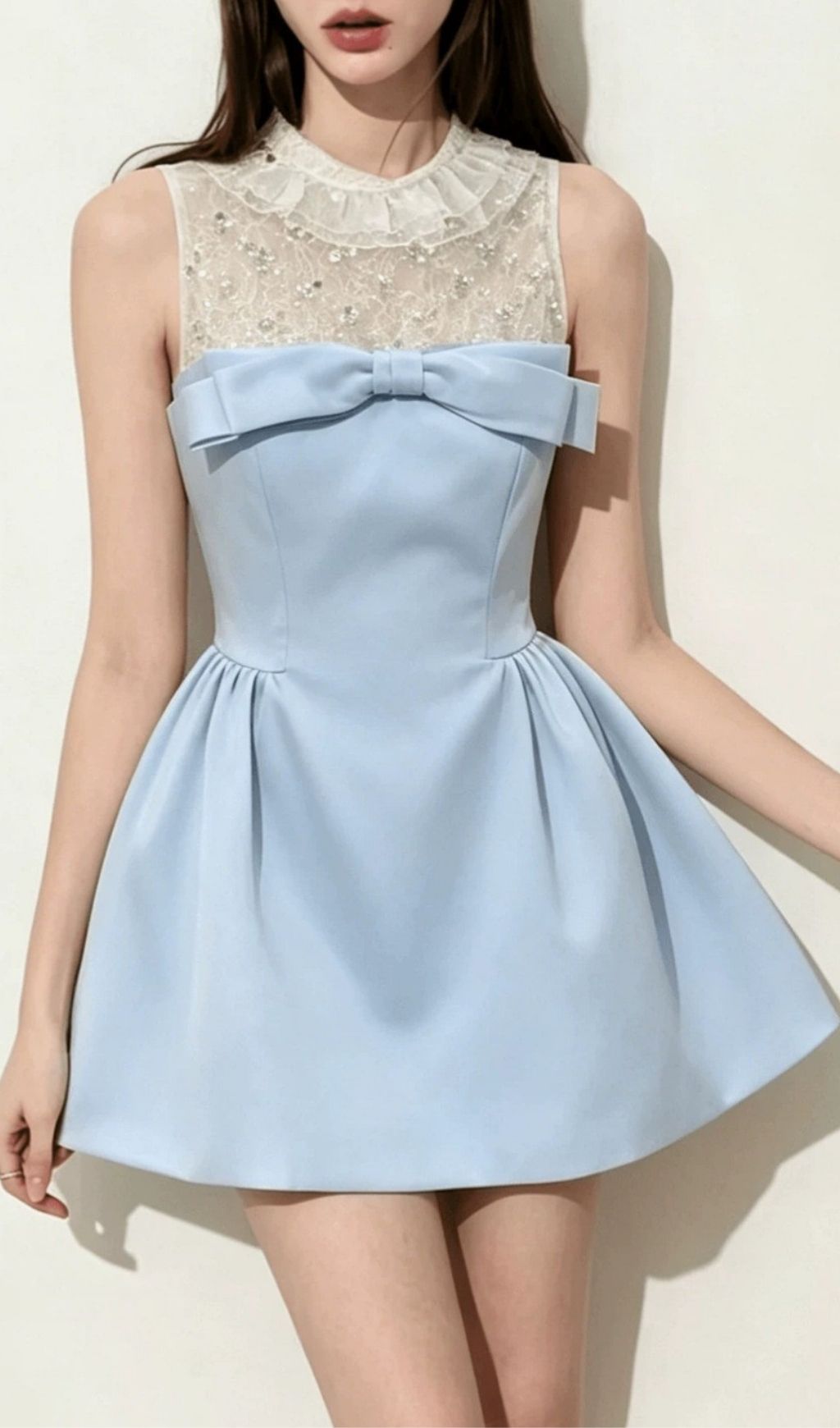 Fashionslee Women Kimiyo Blue Lace Sequin Bow Mini Dress