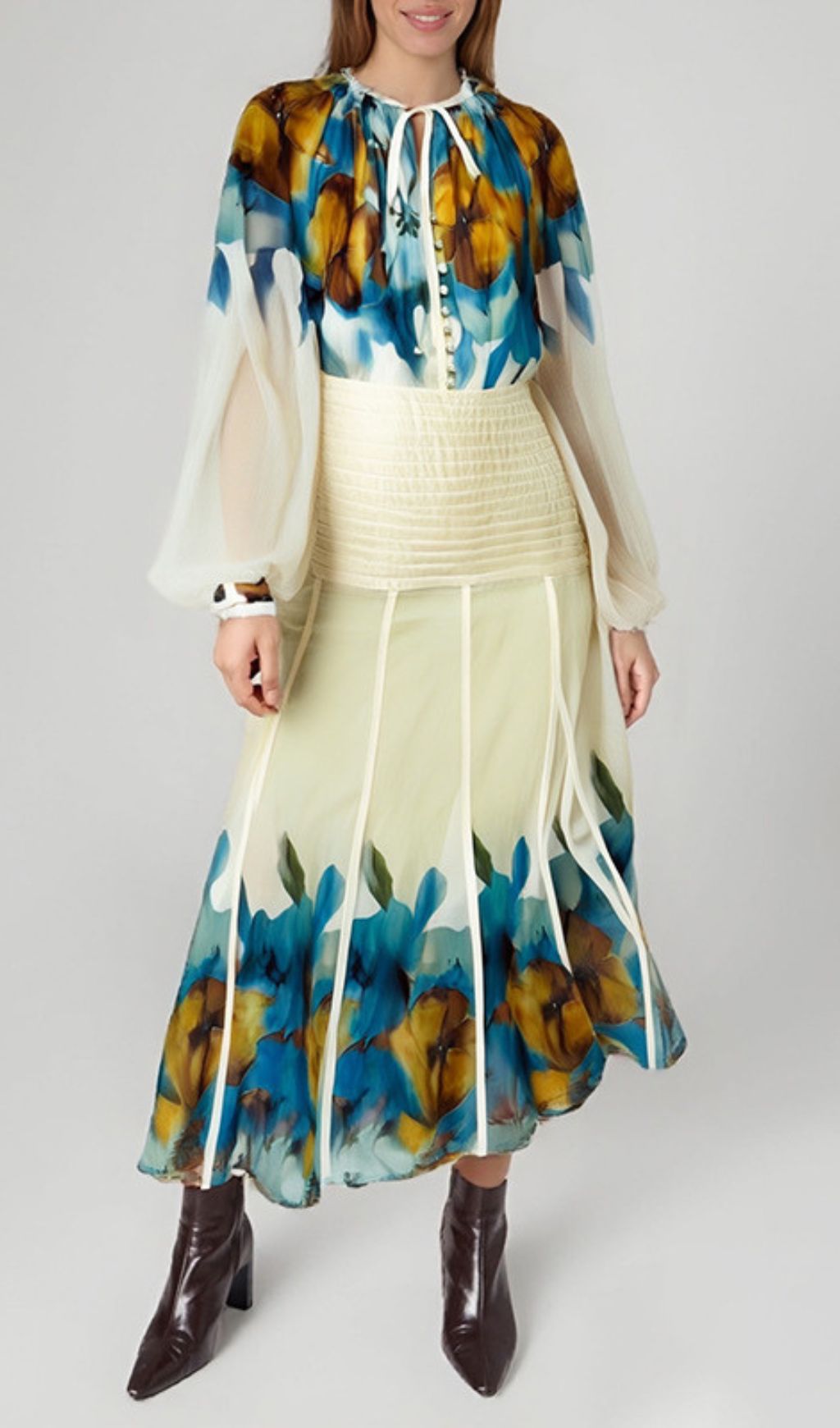 Fashionslee Women Gerda Flower Printed Long Sleeve Shirt & Skirt Set