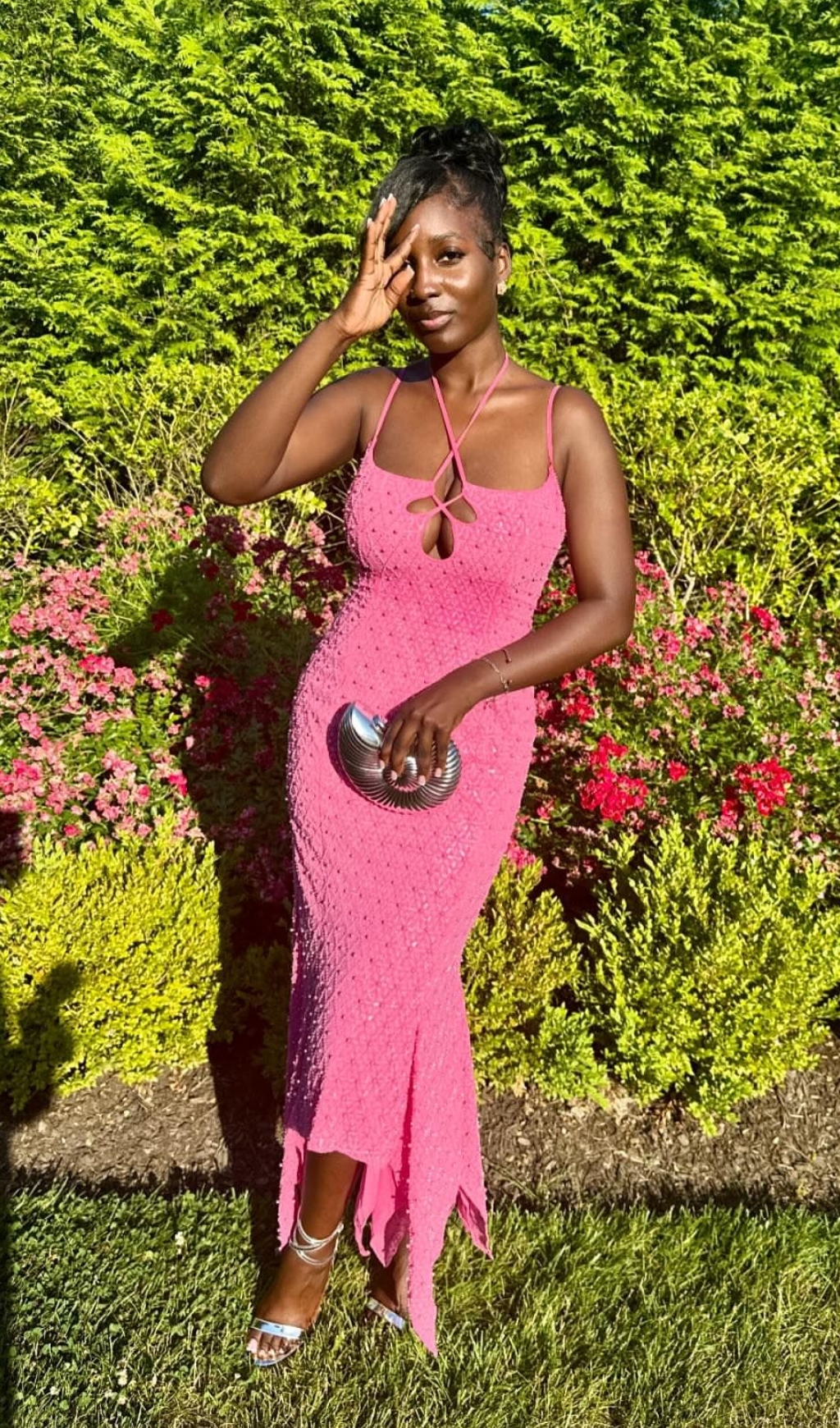 Fashionslee Women Bakwina Pink Pearl Sequin Lace Up Maxi Dress