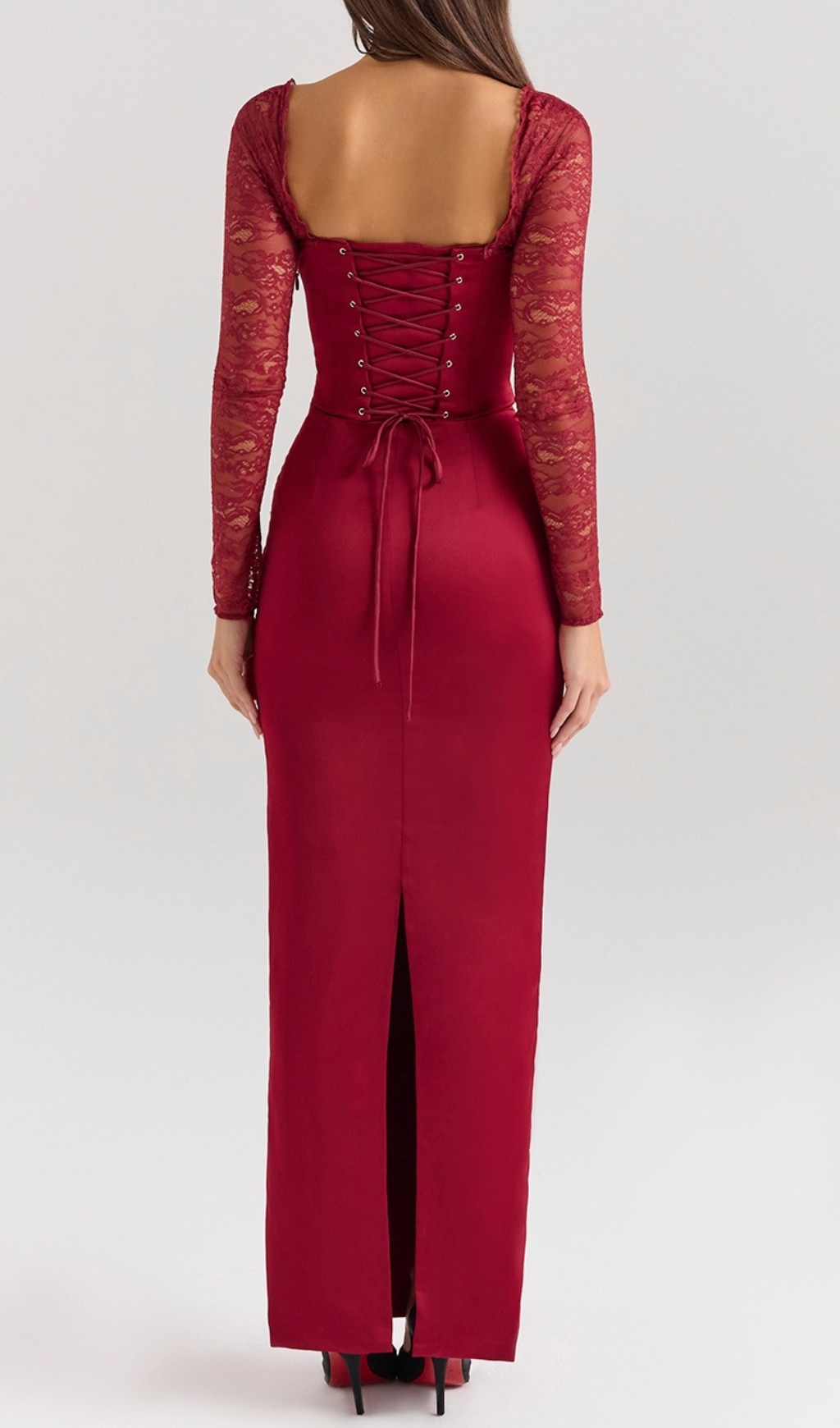Fashionslee Women Cazzie Red Lace Long Sleeve Maxi Dress
