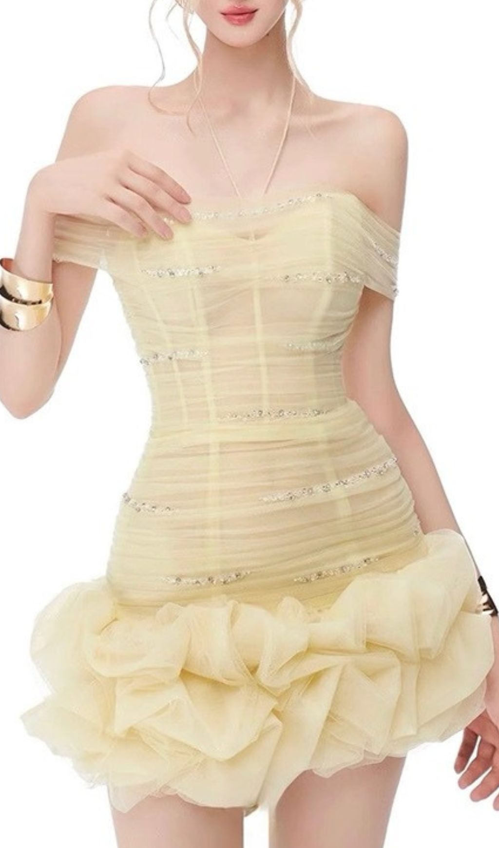 Fashionslee Women Hania Yellow Mesh Corset Mini Dress