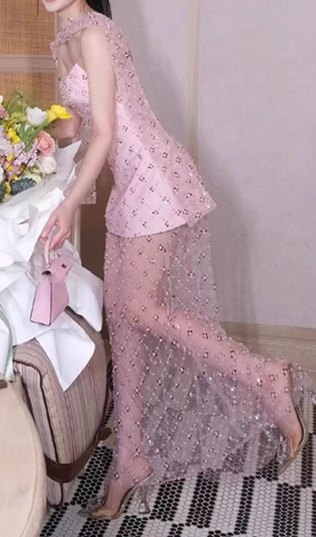 Fashionslee Women Eckhard Pink Strapless Sequin Maxi Dress With Scarf