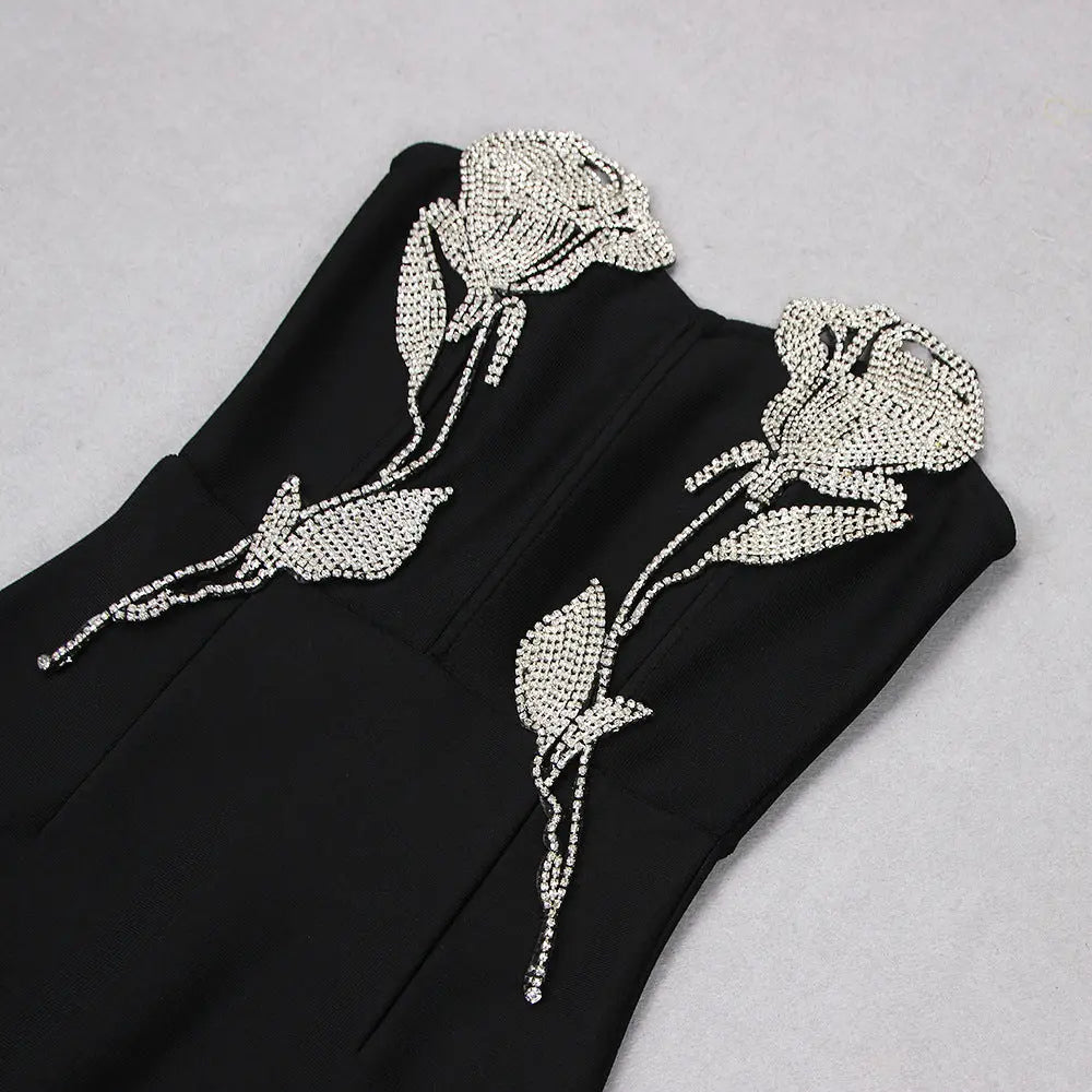 Fashionslee Women Crystal Flower Maxi Dress In Black