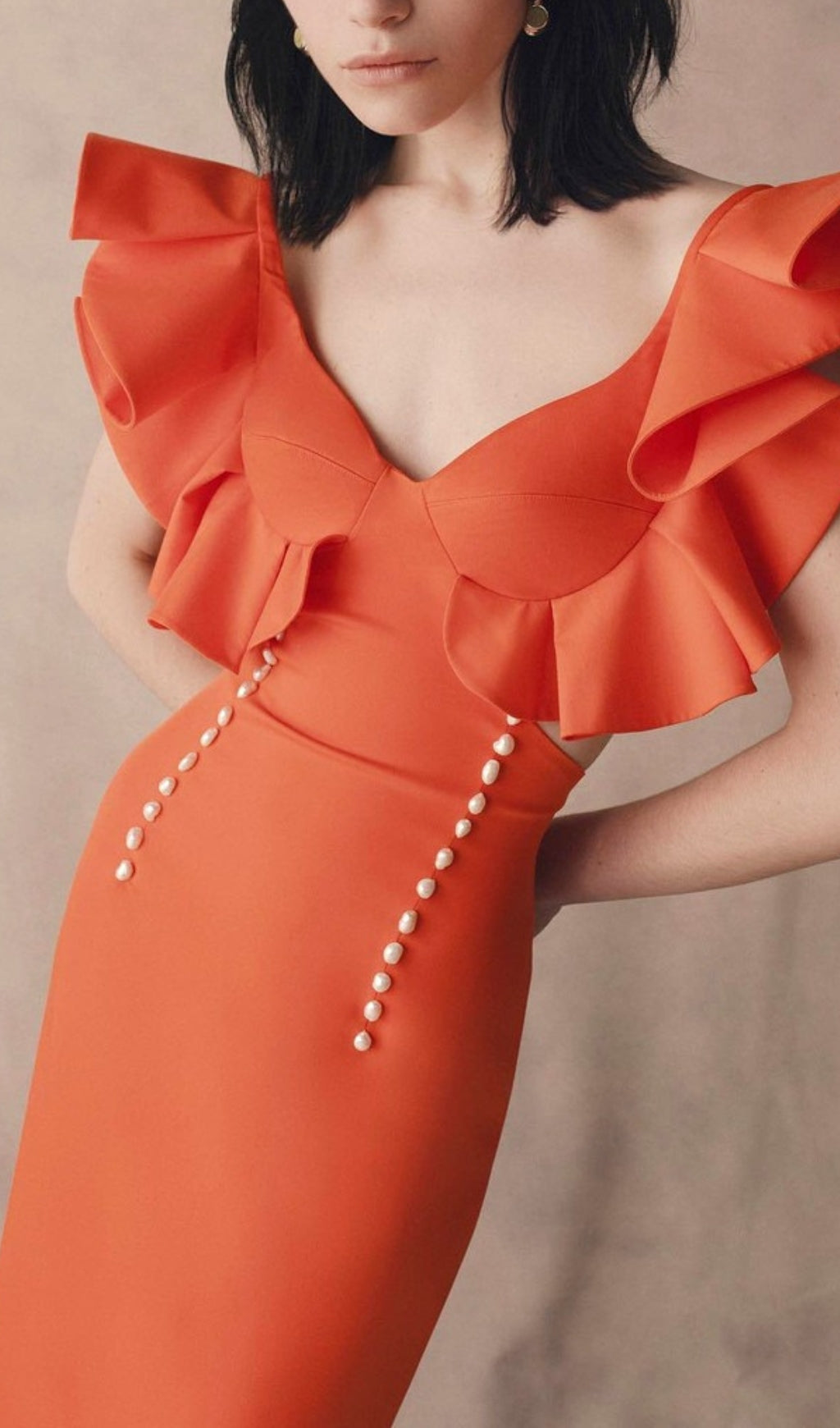 Fashionslee Women Blanchard Orange Ruffle Sleeve Midi Dress