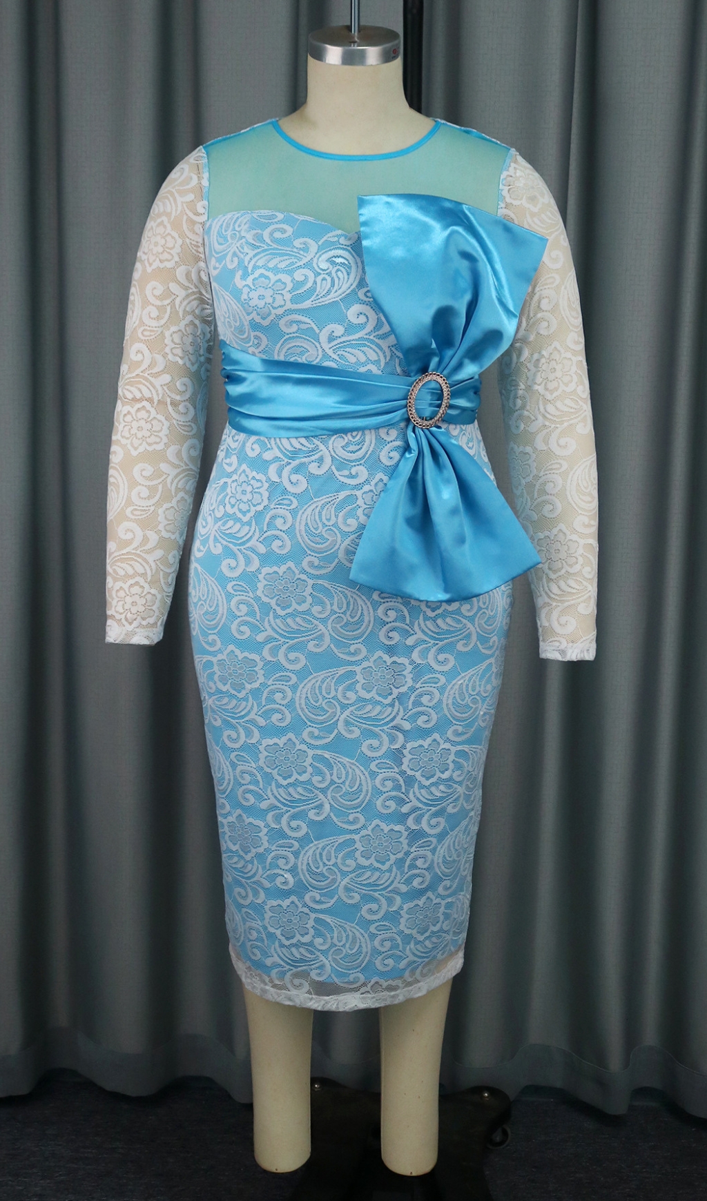 779d1047b0b4fc25246f8ed2ab088f08.jpg Fashionslee Women Baila Blue Bow Lace Long Sleeve Midi Dress