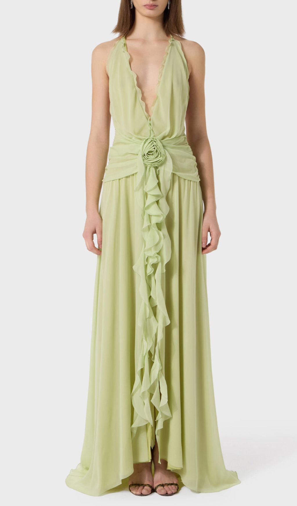 Fashionslee Women Florine Green Halter Flower Ruffle Maxi Dress