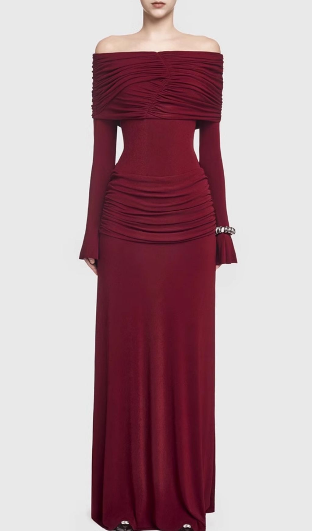 Fashionslee Women Gala Wine Off-Shoulder Ruched Long Sleeve Maxi Dress