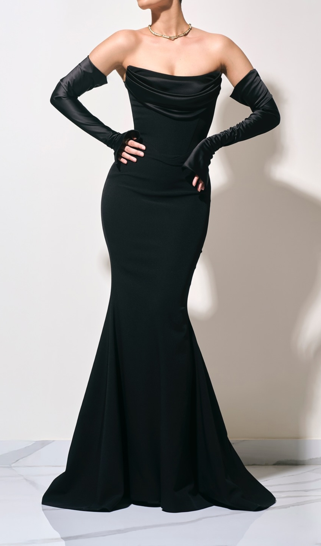 Fashionslee Women Deliz Black Long Sleeve Strapless Draped Maxi Dress