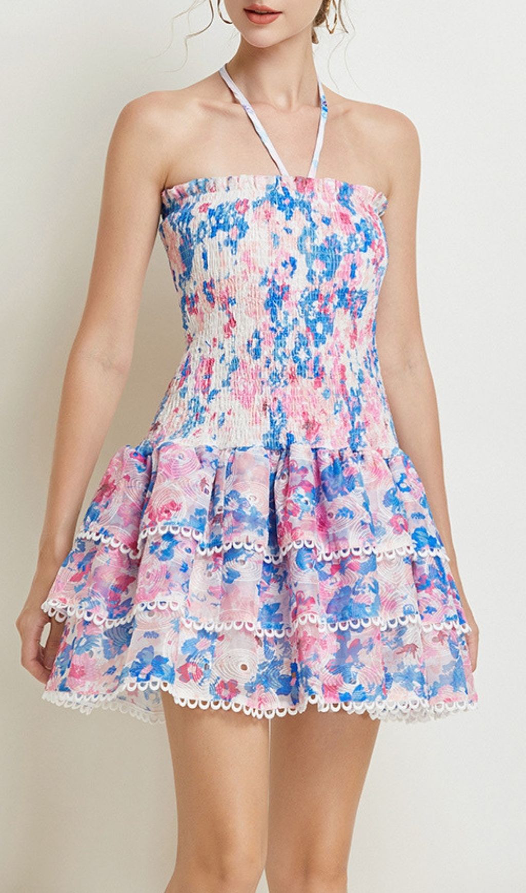 Fashionslee Women Kamilla Halter Printed Layered Mini Dress