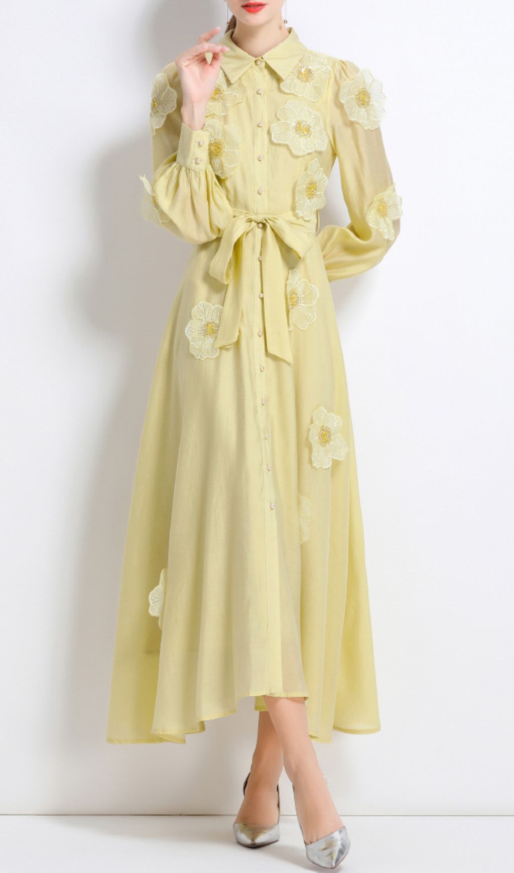 Fashionslee Women Holly Yellow Flower Long Sleeve Midi Dress