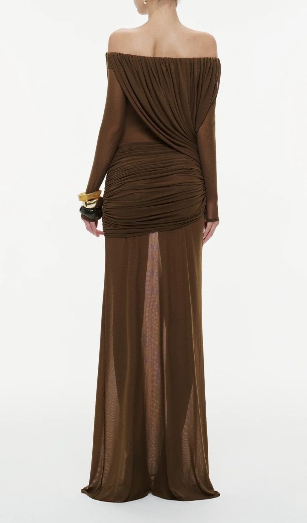 Fashionslee Women Kalinda Brown Pleated Off-Shoulder Mesh Maxi Dress