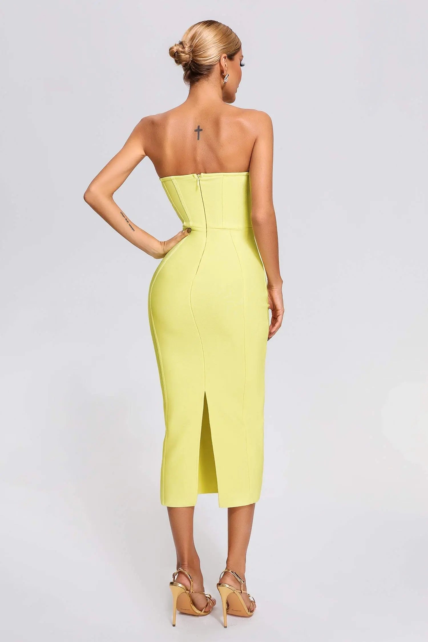 Fashionslee Women Yellow Strapless Bandage Midi Dress