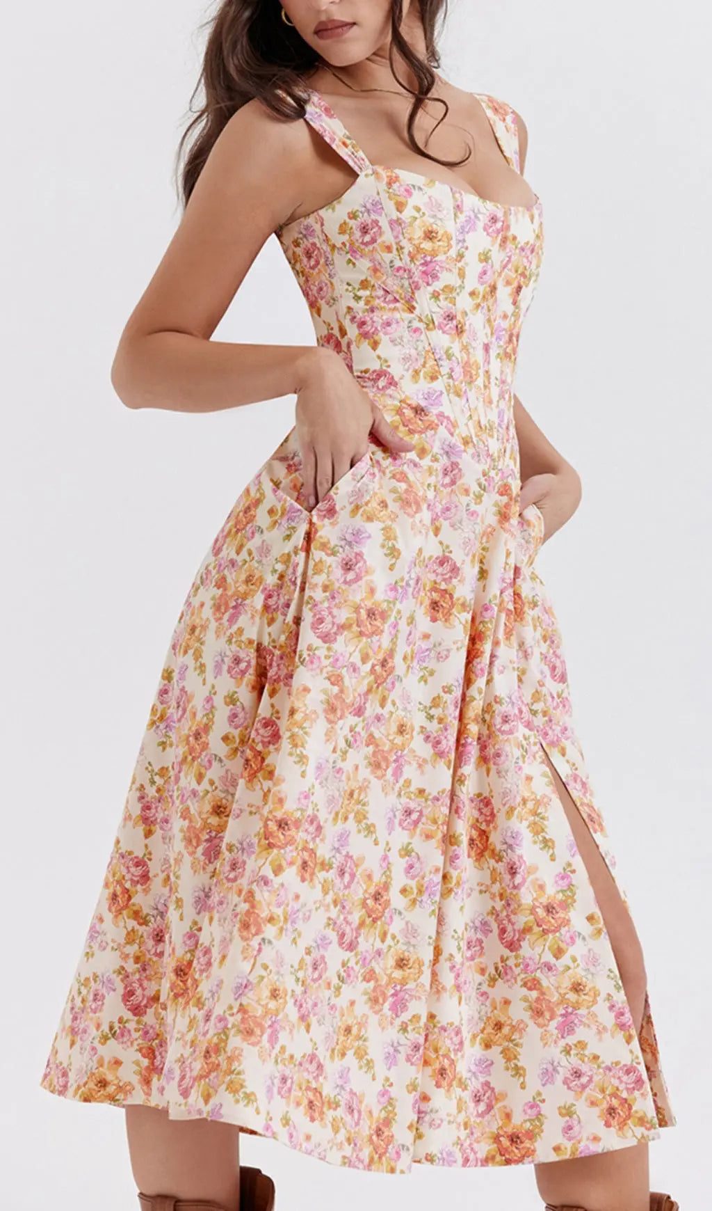 Fashionslee Women Ivory Floral Midi Sundress