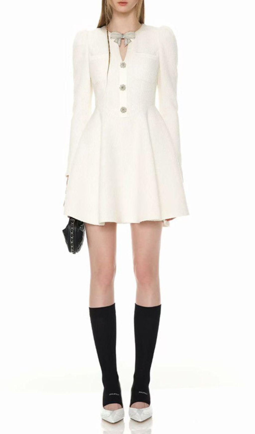 Fashionslee Women Italia White Bow Long Sleeve Mini Dress