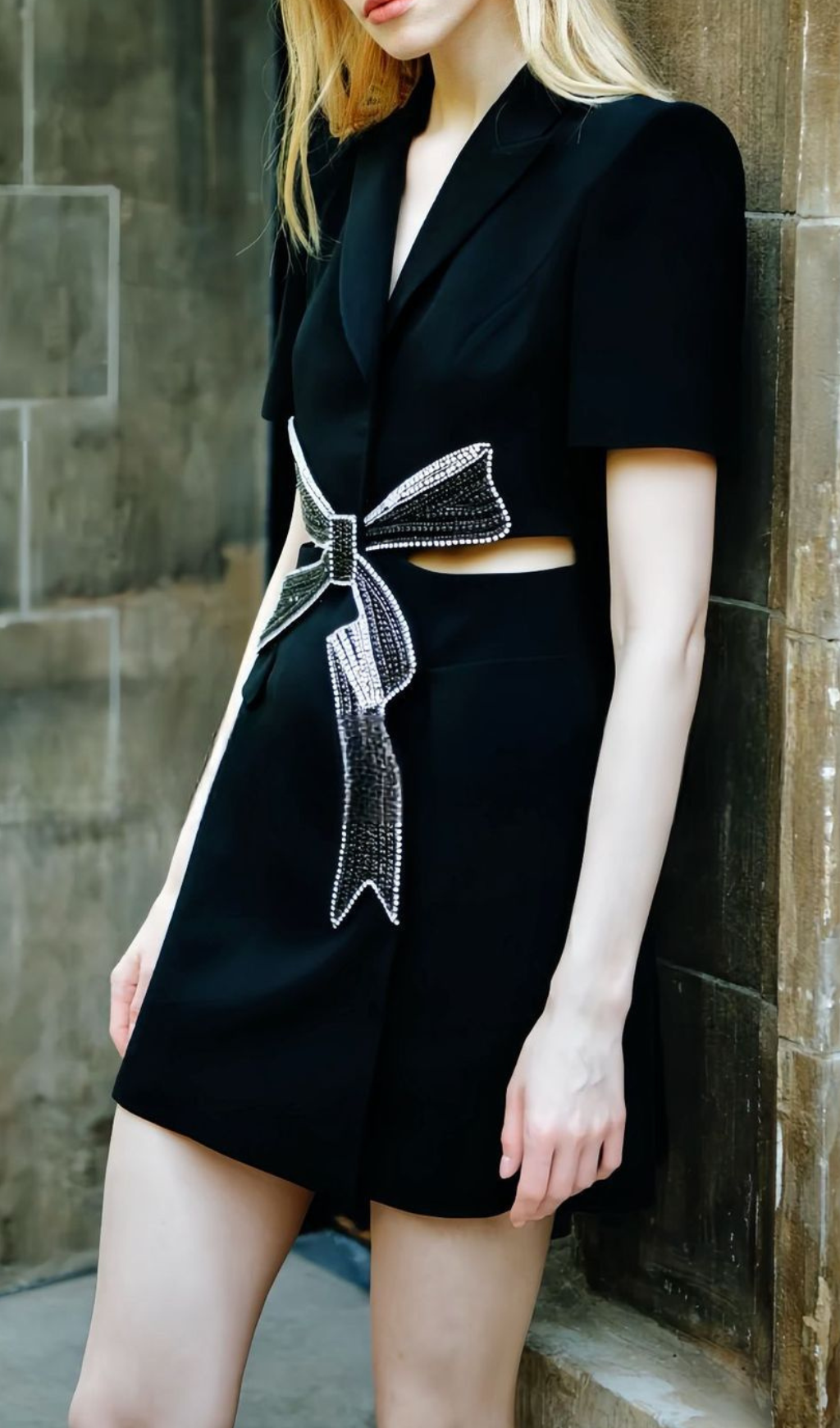 Fashionslee Women Farida Black Diamante Bow Mini Blazer Dress
