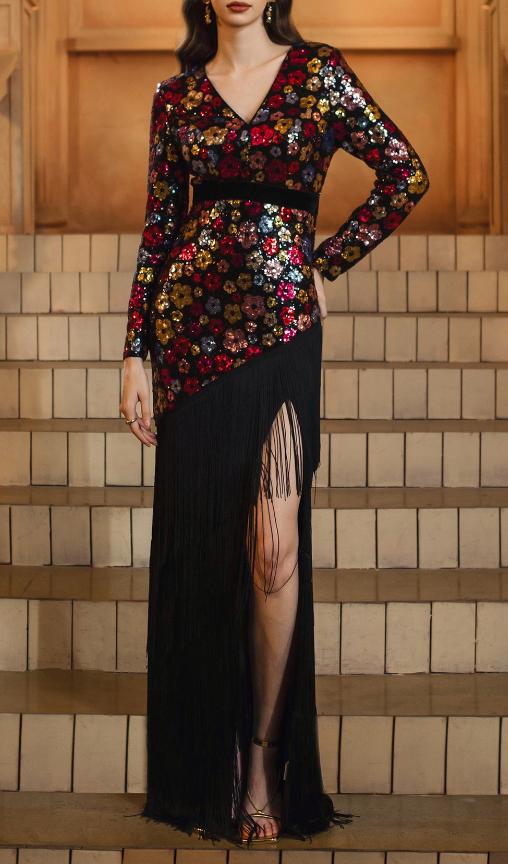 Fashionslee Women Dimaia Flower Sequin Tassel Long Sleeve Maxi Dress