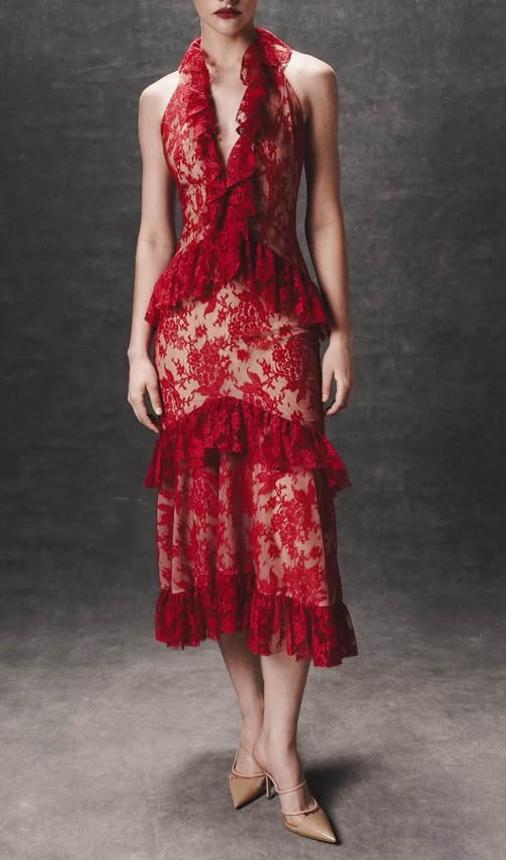 Fashionslee Women Eavan Red Halter Lace Midi Dress