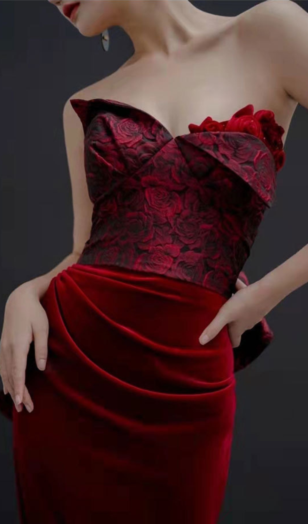 Fashionslee Women Chainey Wine Flower Velvet Maxi Dress