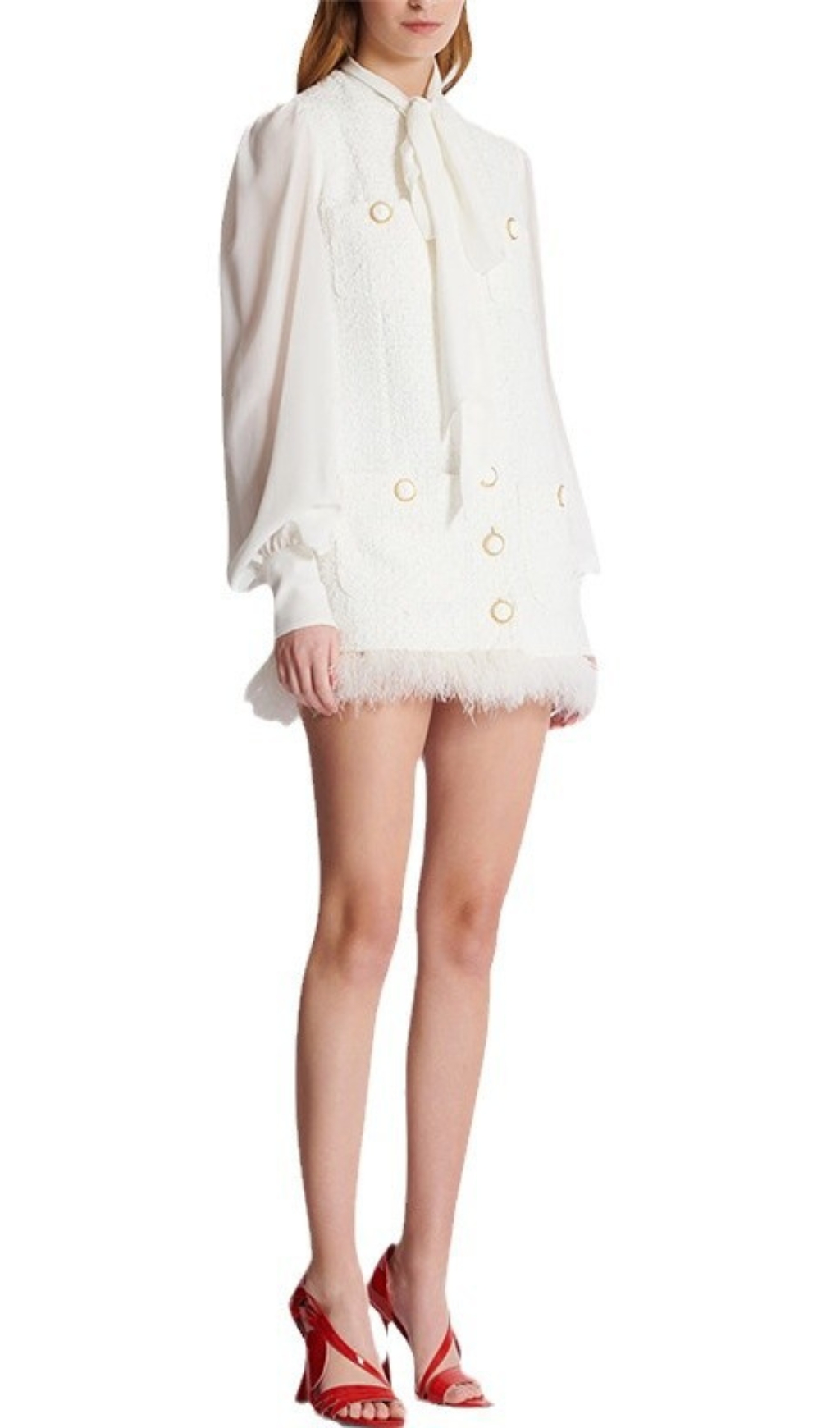 Fashionslee Women Bush White Feather-Trim Tweed Mini Dress