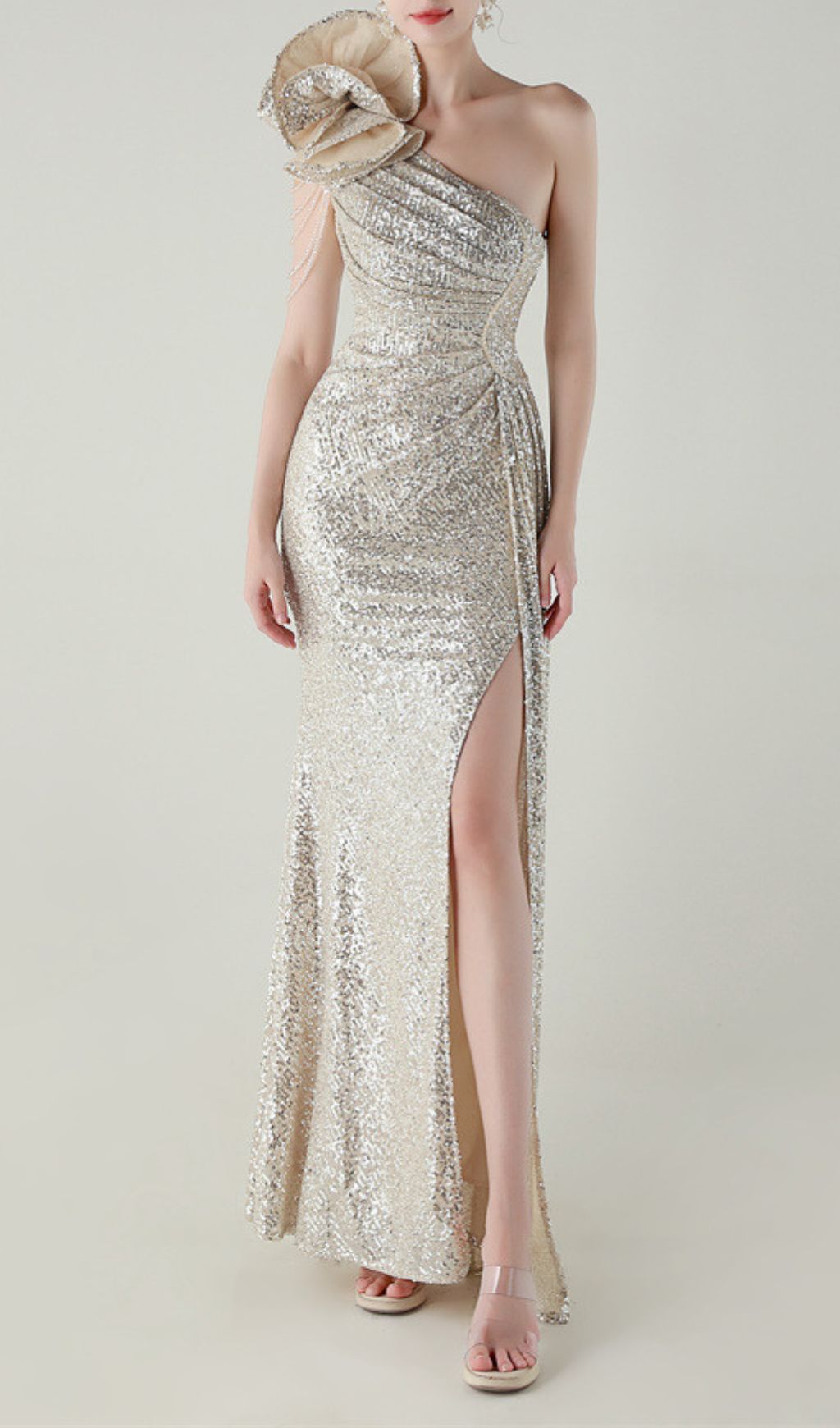 Fashionslee Women Ikia Silver One-Shoulder Sequin Maxi Dress