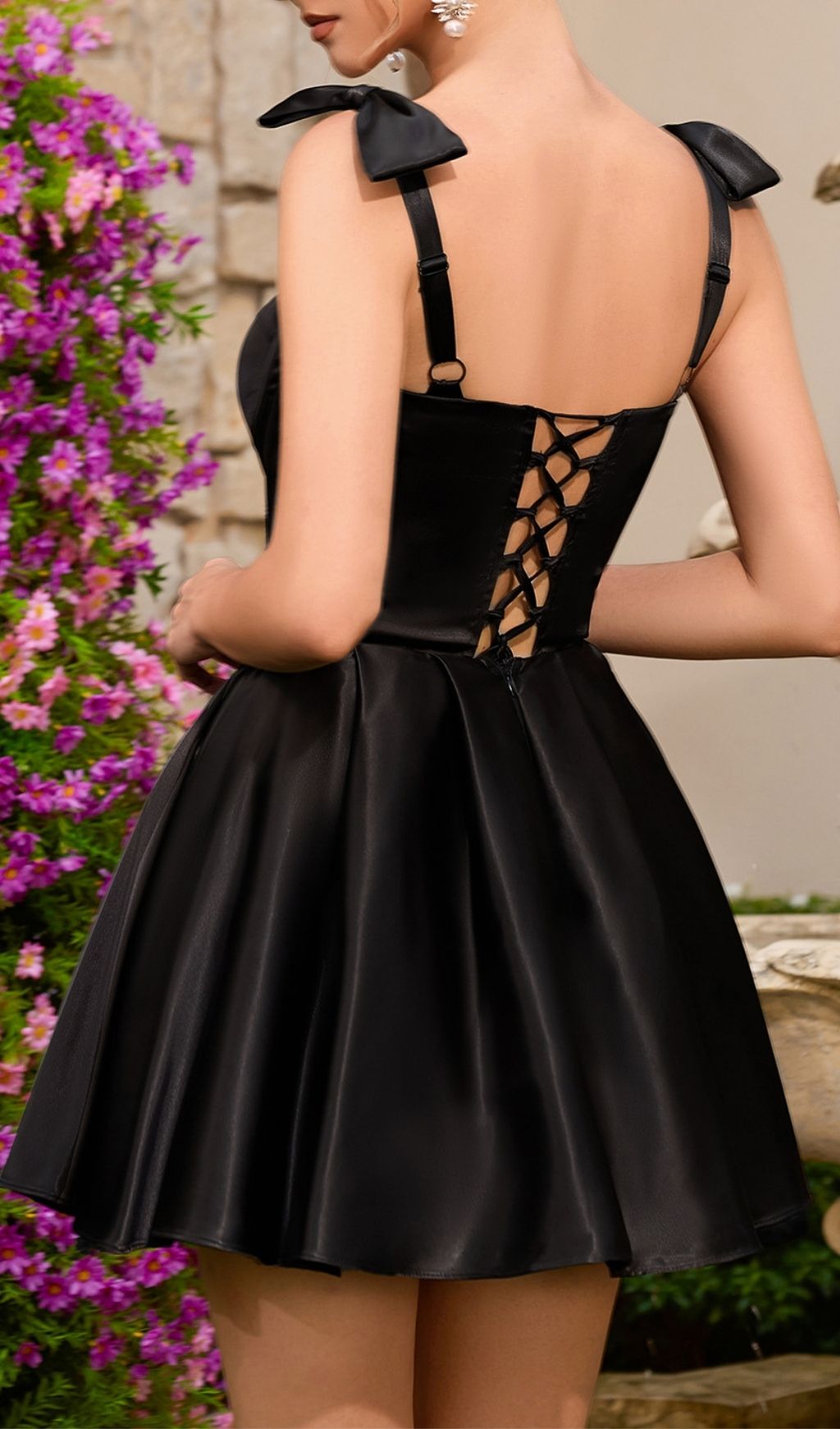 Fashionslee Women Katsuko Black Bow Strap Corset Mini Dress