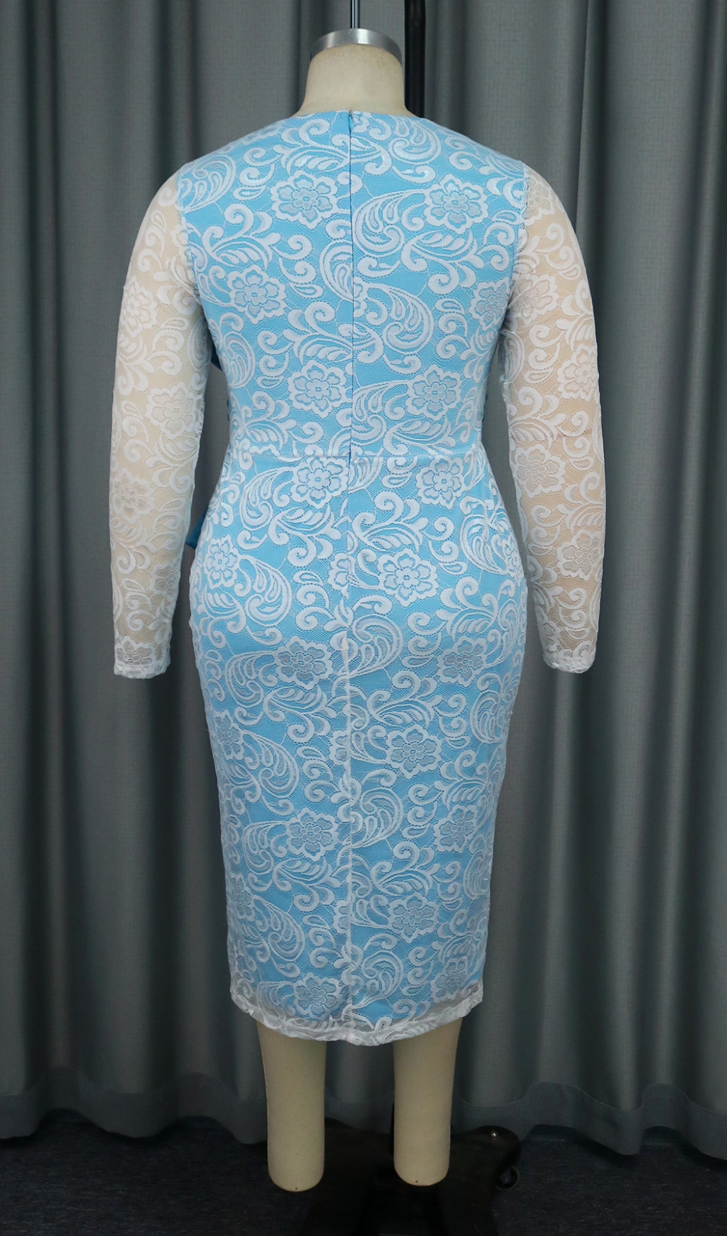 793c603cdcf54bd7265383bfc6eb6fd5.jpg Fashionslee Women Baila Blue Bow Lace Long Sleeve Midi Dress