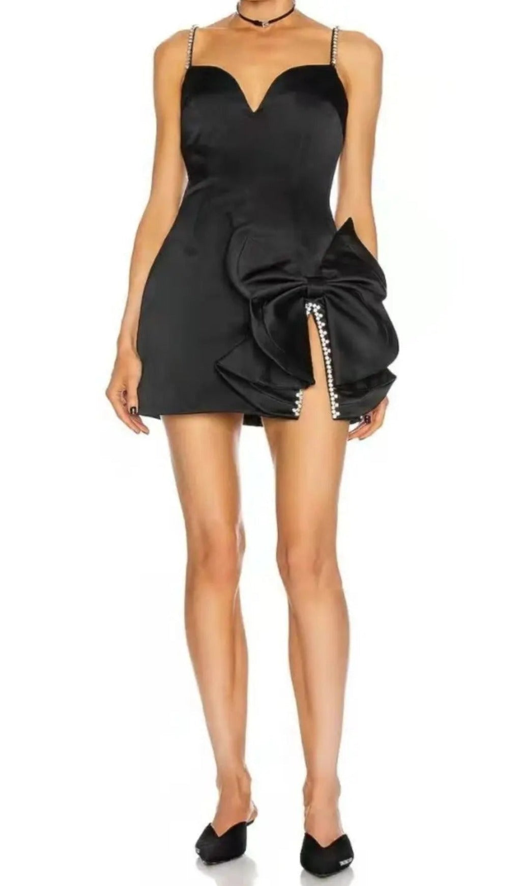 Fashionslee Women Crystal Bow Mini Dress In Black