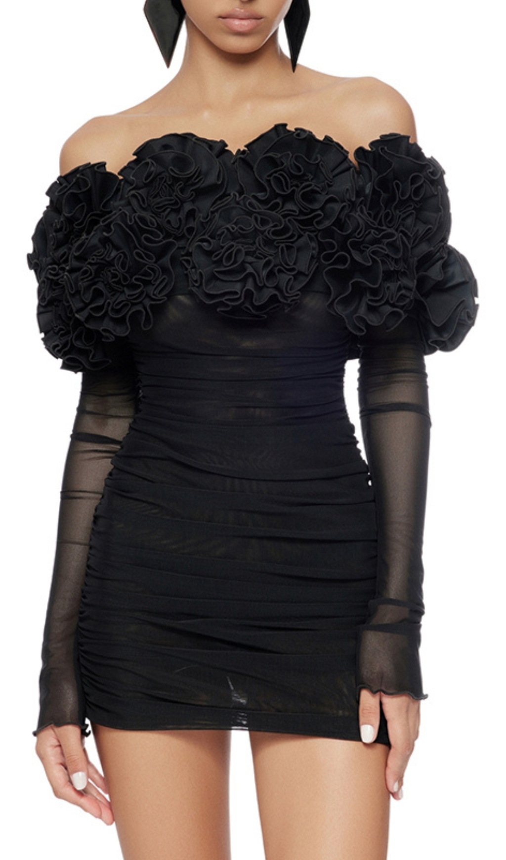 Fashionslee Women Bard Black Long Sleeve Flower Mini Dress