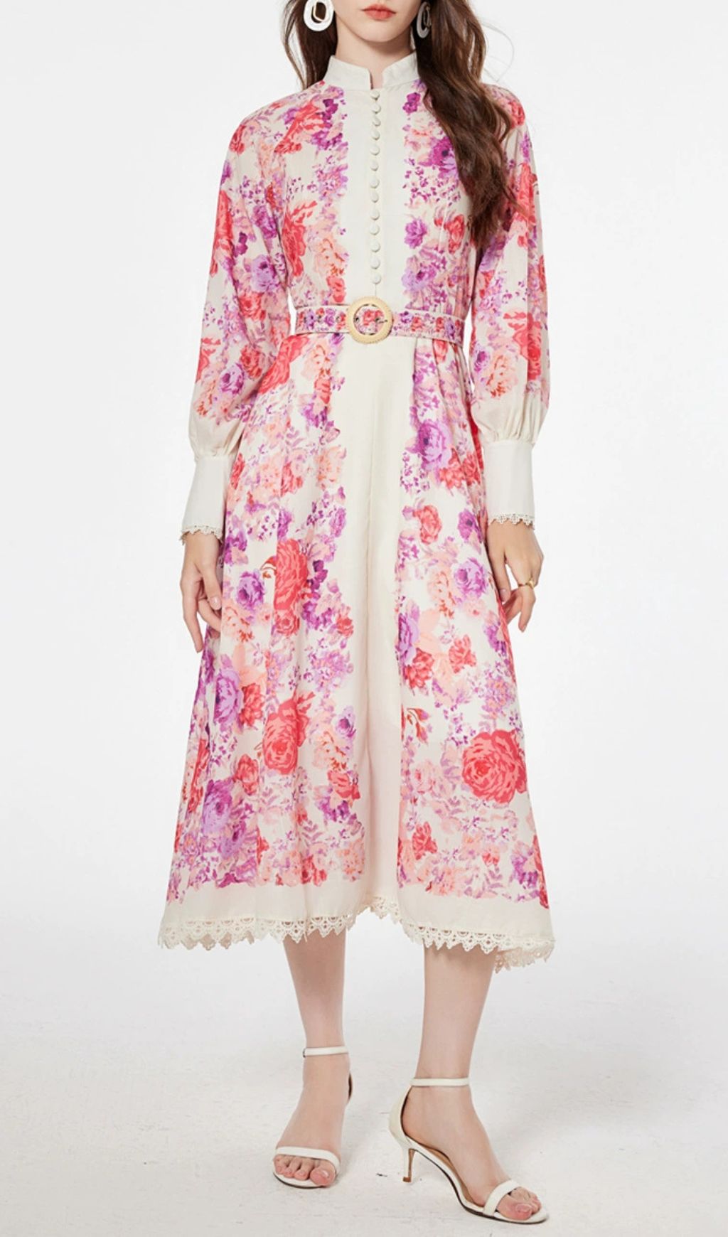 Fashionslee Women Jarl Pink Floral Long Sleeve Midi Dress