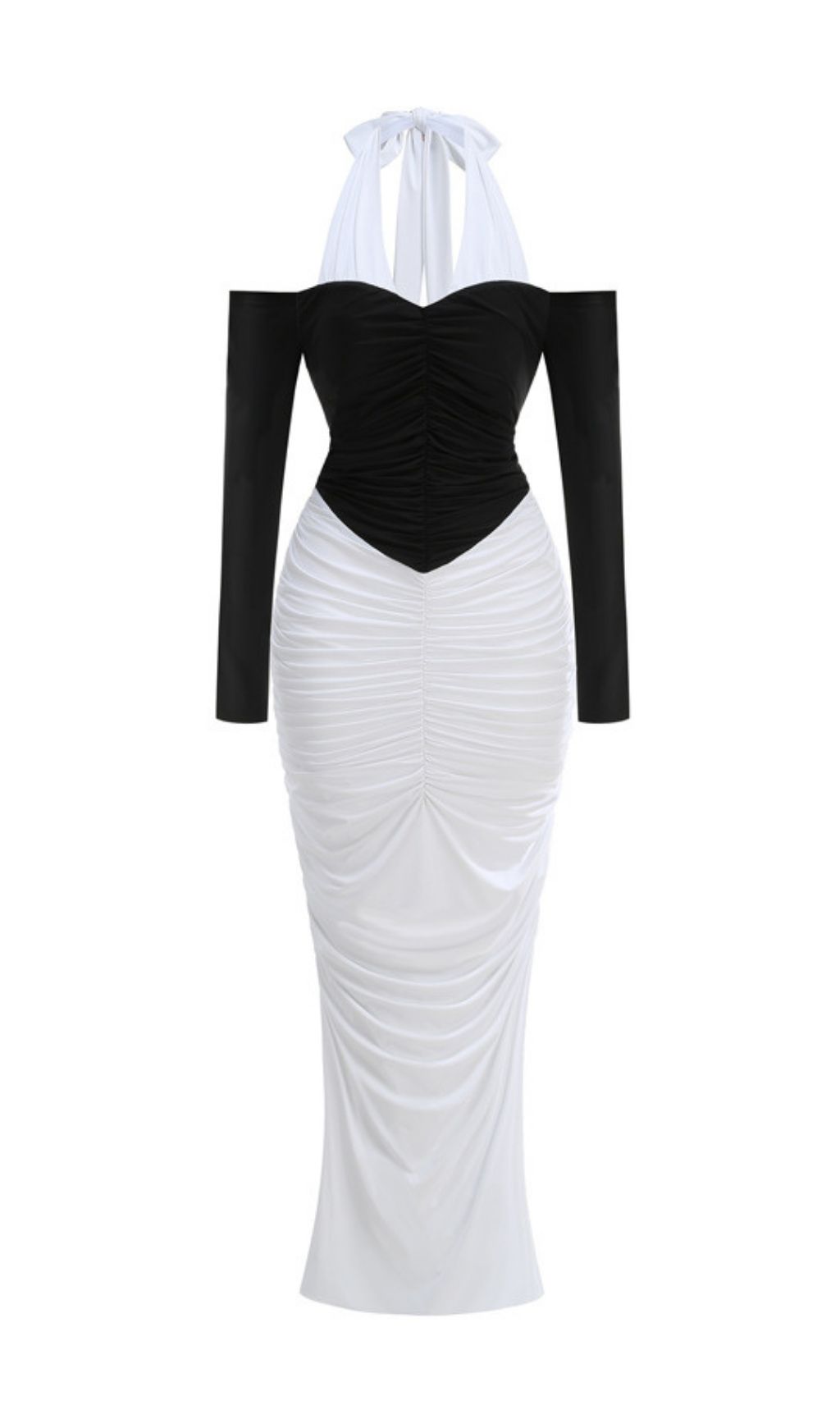 7a367dd33f092dc8ec894f02b5dcc7c1.jpg Fashionslee Women Kapri Halter Ruched Long Sleeve Maxi Dress