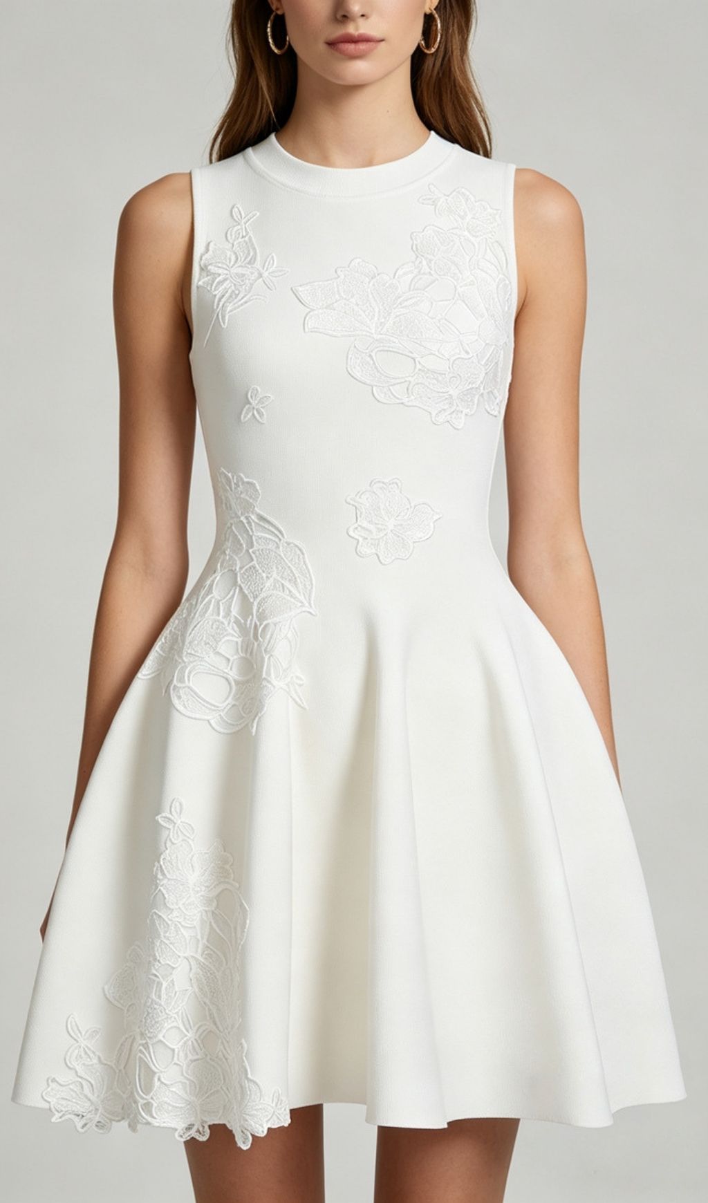 Fashionslee Women Kimoni White Sleeveless Flower Knit Mini Dress