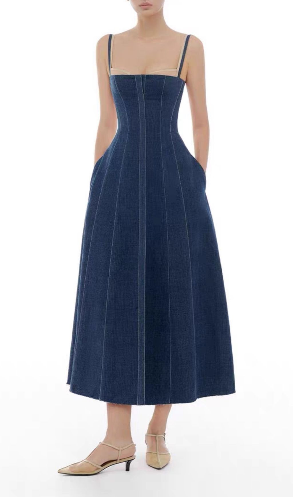 7a9c21a5f529fb8993323d28a3c56079.jpg Fashionslee Women Kiora Blue Strappy Denim Midi Dress