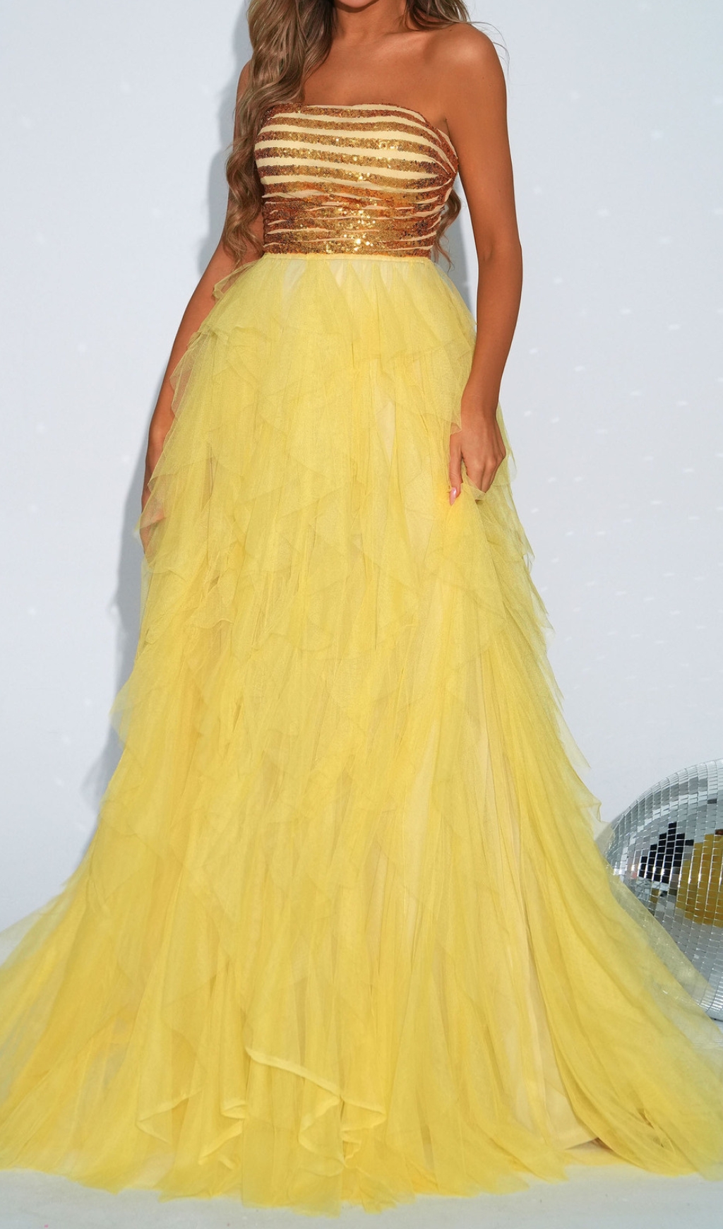 VIRAL YELLOW STRAPLESS SEQUIN MAXI DRESS - OWNCI