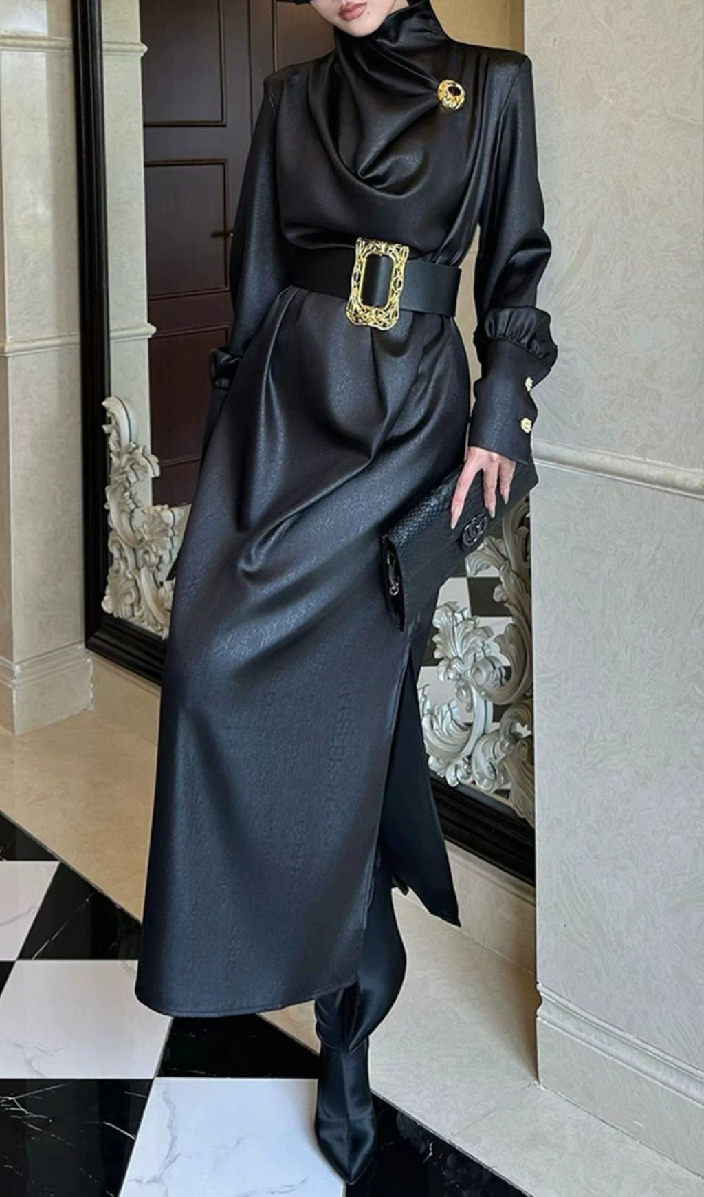 Fashionslee Women Imad Black Long Sleeve Belt Maxi Dress