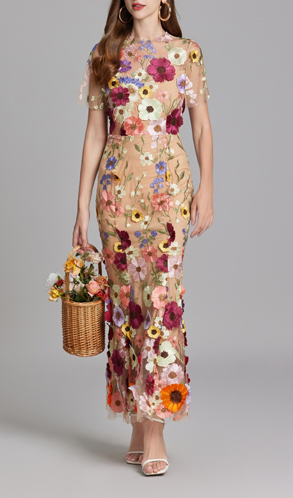 Fashionslee Women Carol Floral Embroidery Mesh Fishtail Midi Dress