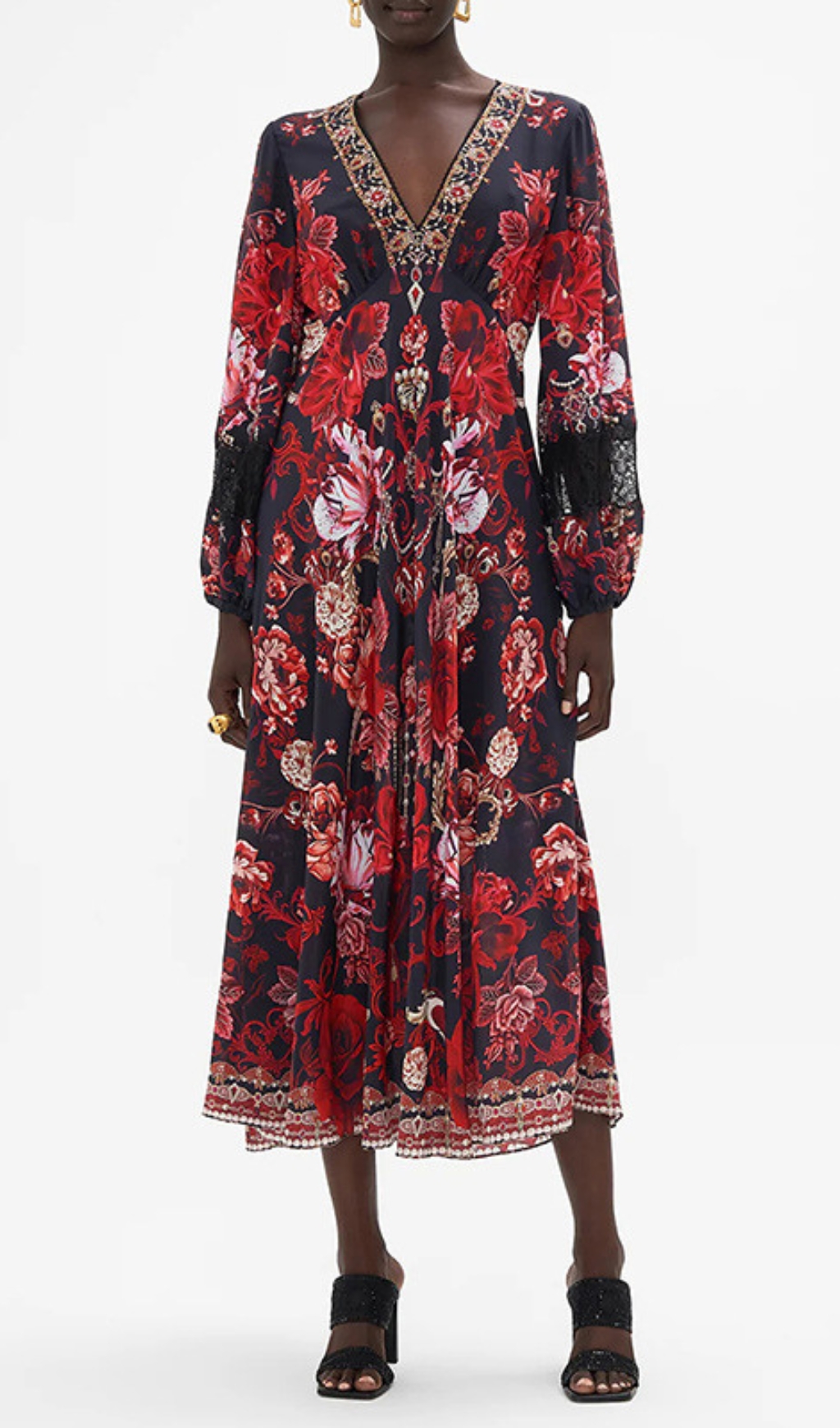 Fashionslee Women Davood V-Neck Floral Printed Midi Dress