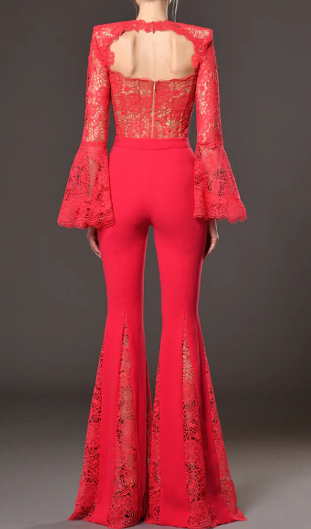 Fashionslee Women Charli Red Lace Long Sleeve Jumpsuit