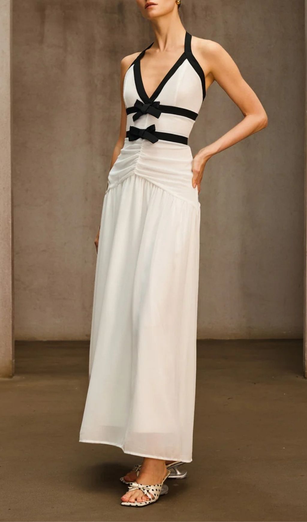TRENDING V NECK RUCHED MAXI DRESS - OWNCI