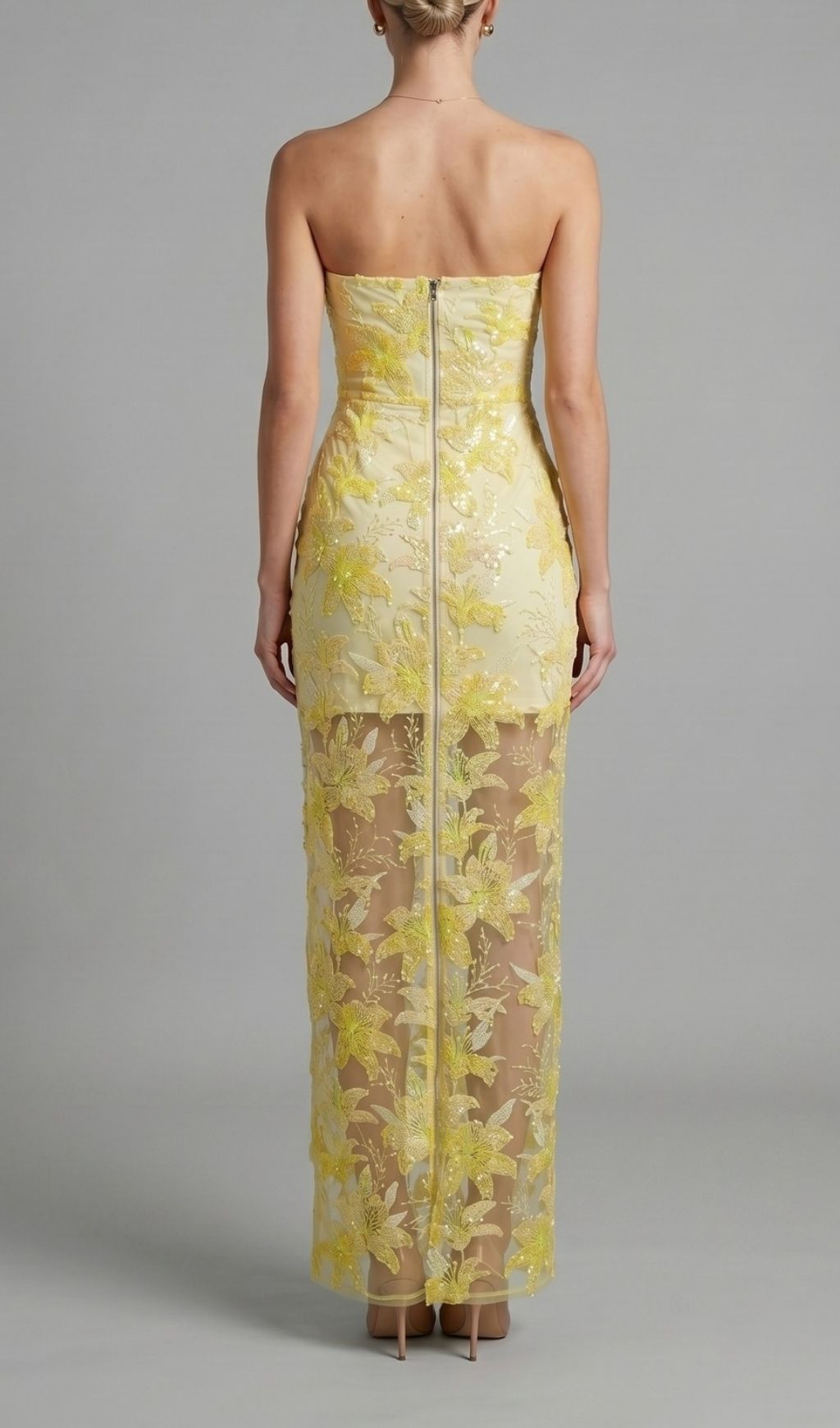 Fashionslee Women Kikuyo Yellow Strapless Sequin Floral Maxi Dress