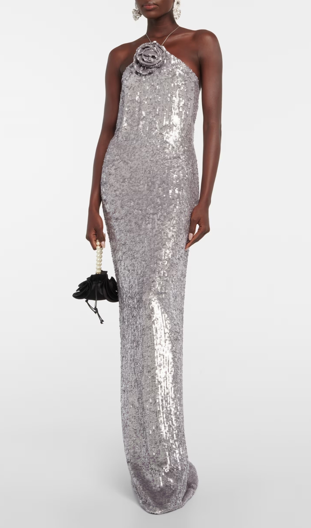 Fashionslee Women Betiana Silver Halter Flower Sequin Maxi Dress