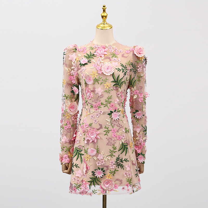 Fashionslee Women Emrys Flower Embroidery Long Sleeve Mini Dress
